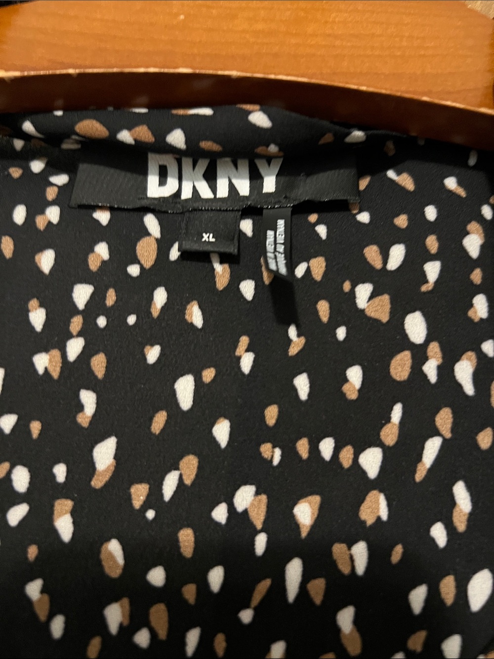 DKNY Black Blouse with White and Brown Spot Print